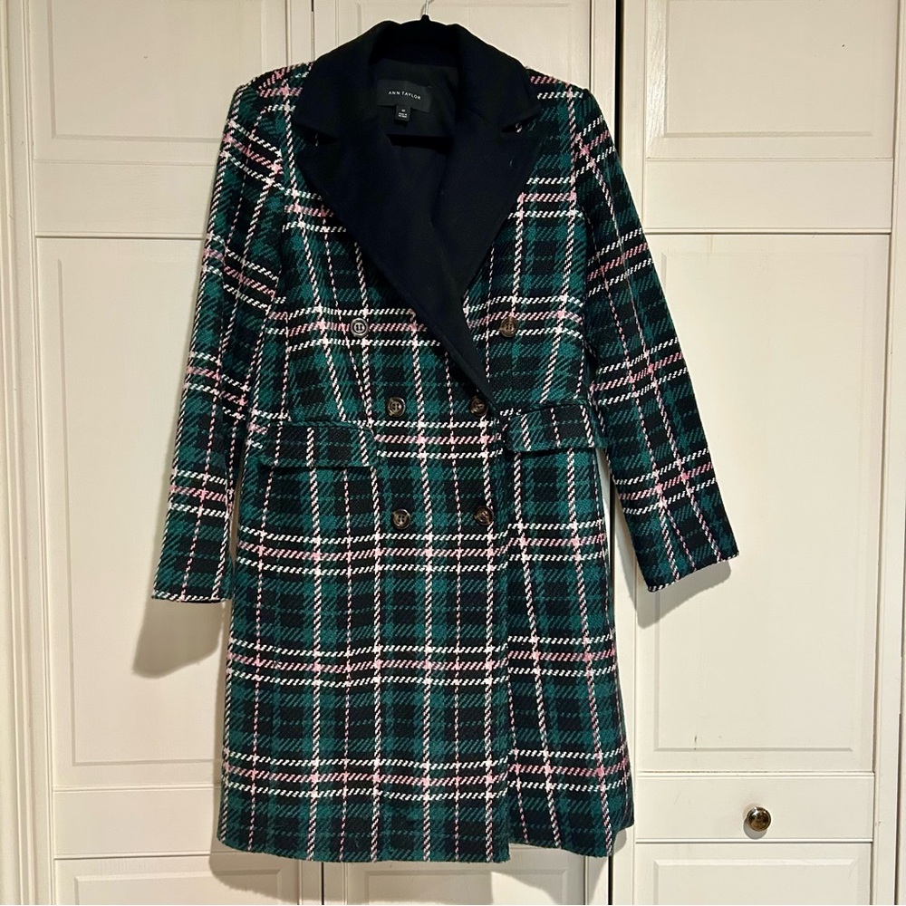 Ann Taylor Checkered Trench Coat - Green, Black and Pink!